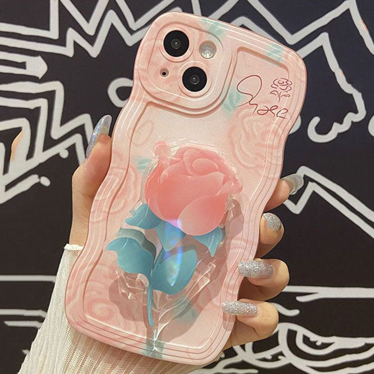 Oil Pink Rose With Wristband & Bracket For iPhone Case