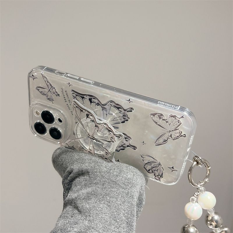 Ins Hot Textured Butterfly With Wristband & Bracket For iPhone Case