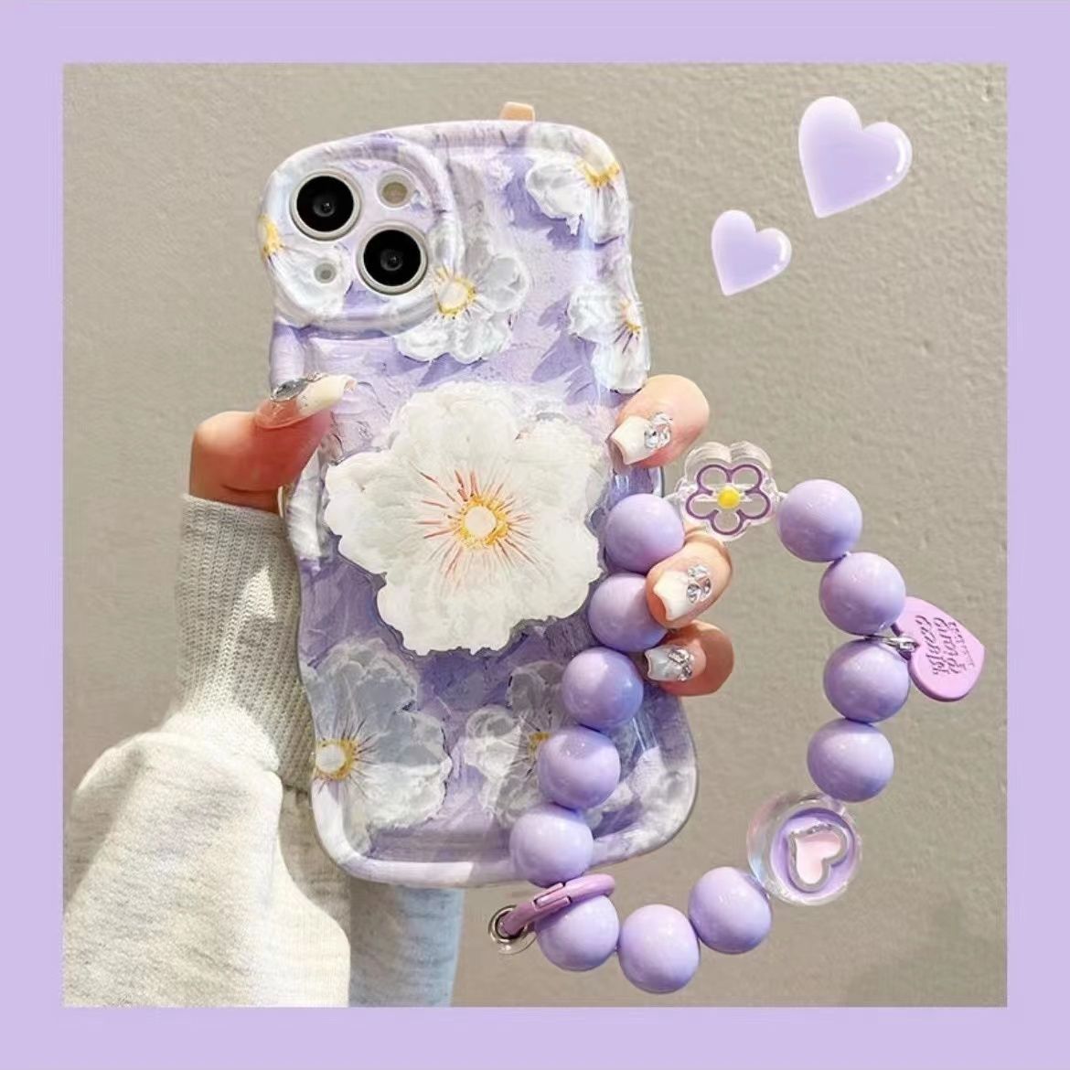 Oil Painting Flower With Bracket & Wristband For iPhone Case