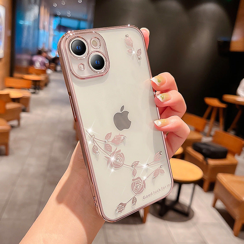 Rhinestone Rose Flower Electroplating Case For iPhone
