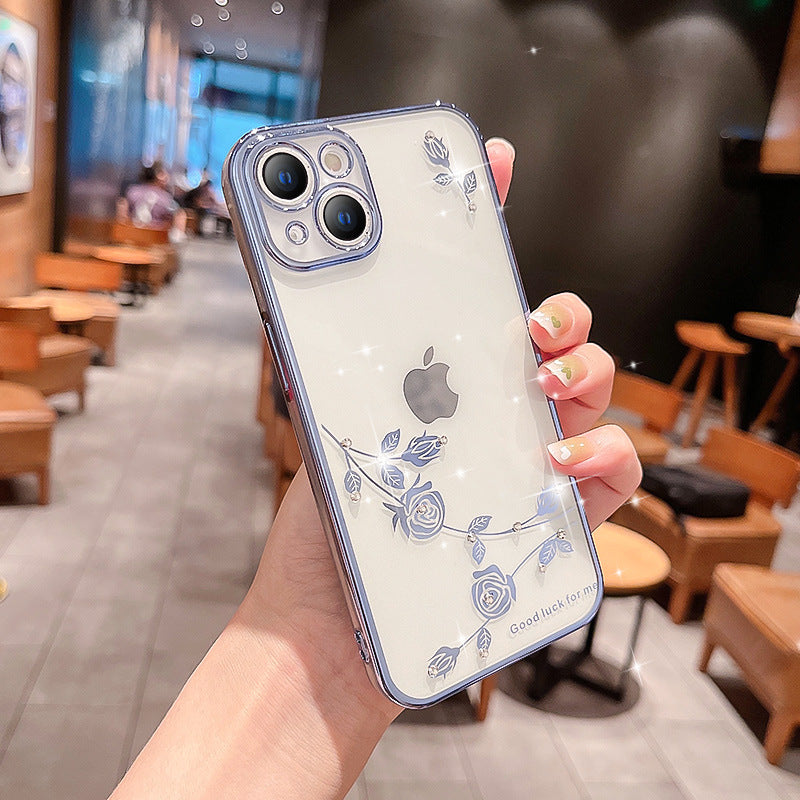 Rhinestone Rose Flower Electroplating Case For iPhone