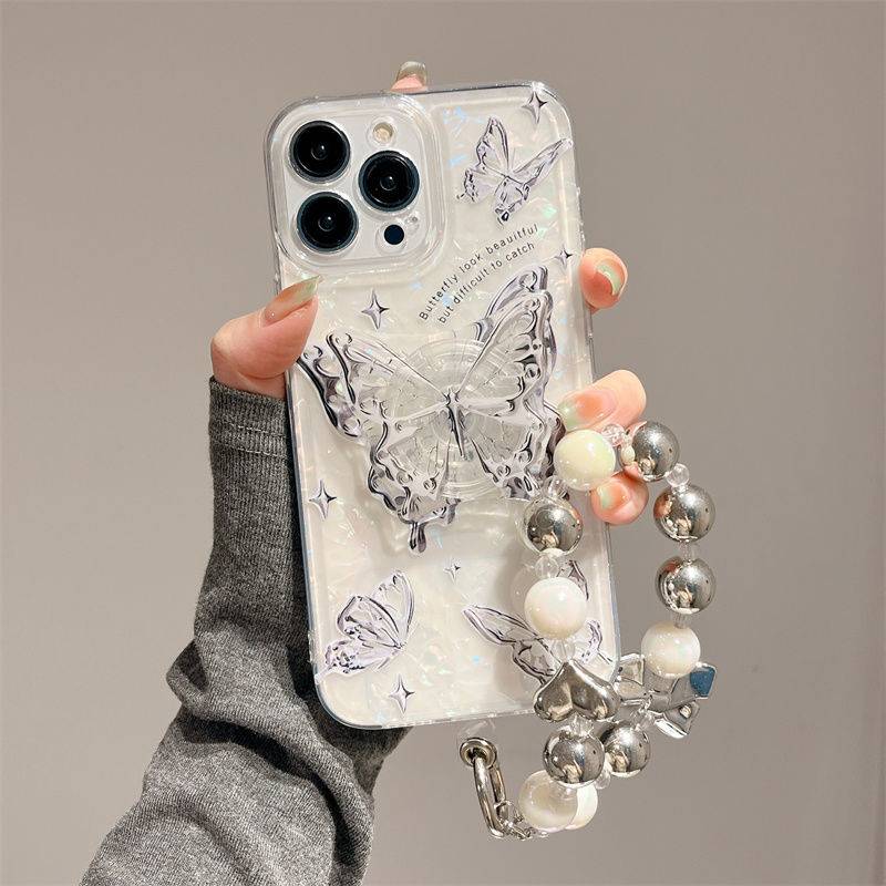 Ins Hot Textured Butterfly With Wristband & Bracket For iPhone Case