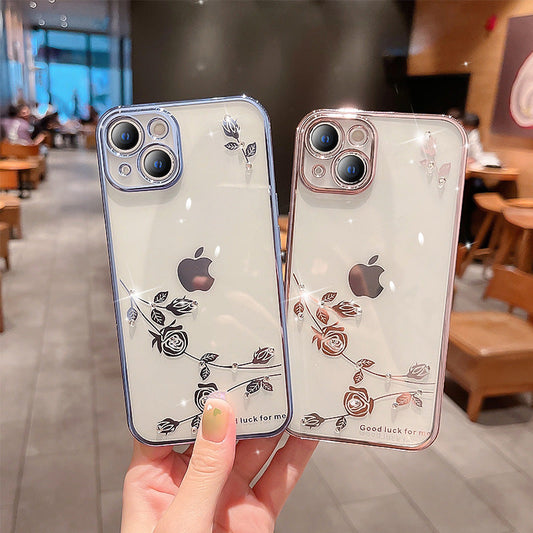 Rhinestone Rose Flower Electroplating Case For iPhone