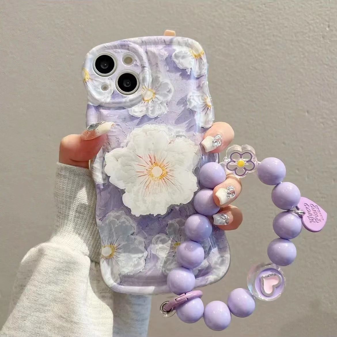Oil Painting Flower With Bracket & Wristband For iPhone Case